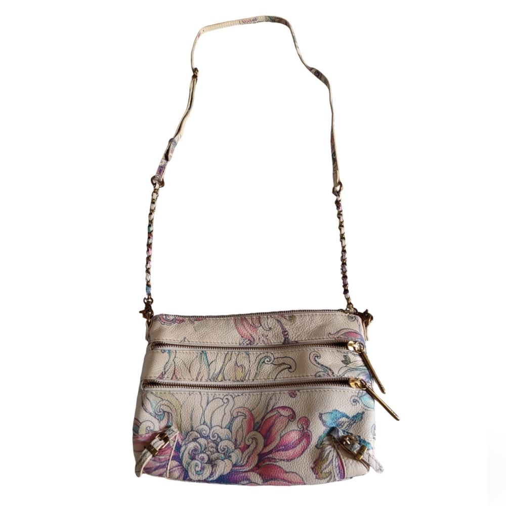 Elliott Lucca Floral Leather Multi Compartment Adjustable Flat Crossbody Bag